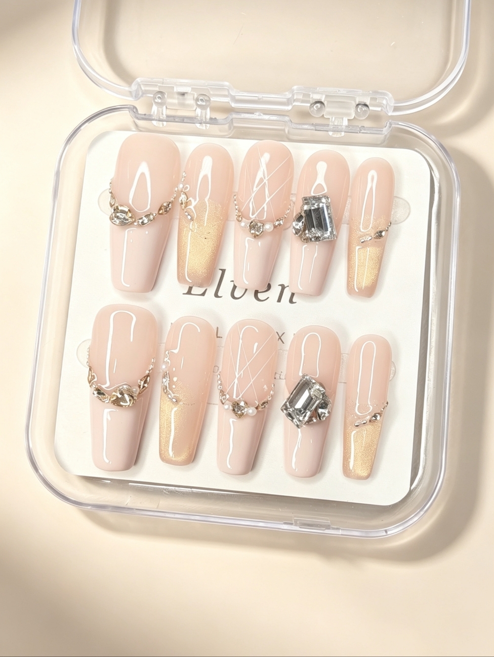 Elegant Nude and Gold French Tips Handmade Press On Nails Long Coffin